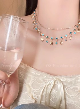 2025店主度假风蓝色锆石贝壳双层项链女复古气质轻奢小众锁骨链