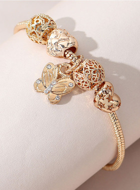 潘家手链 多拉DIY串珠跨境爆款可调节合金心形蝴蝶粘钻吊坠铜手镯