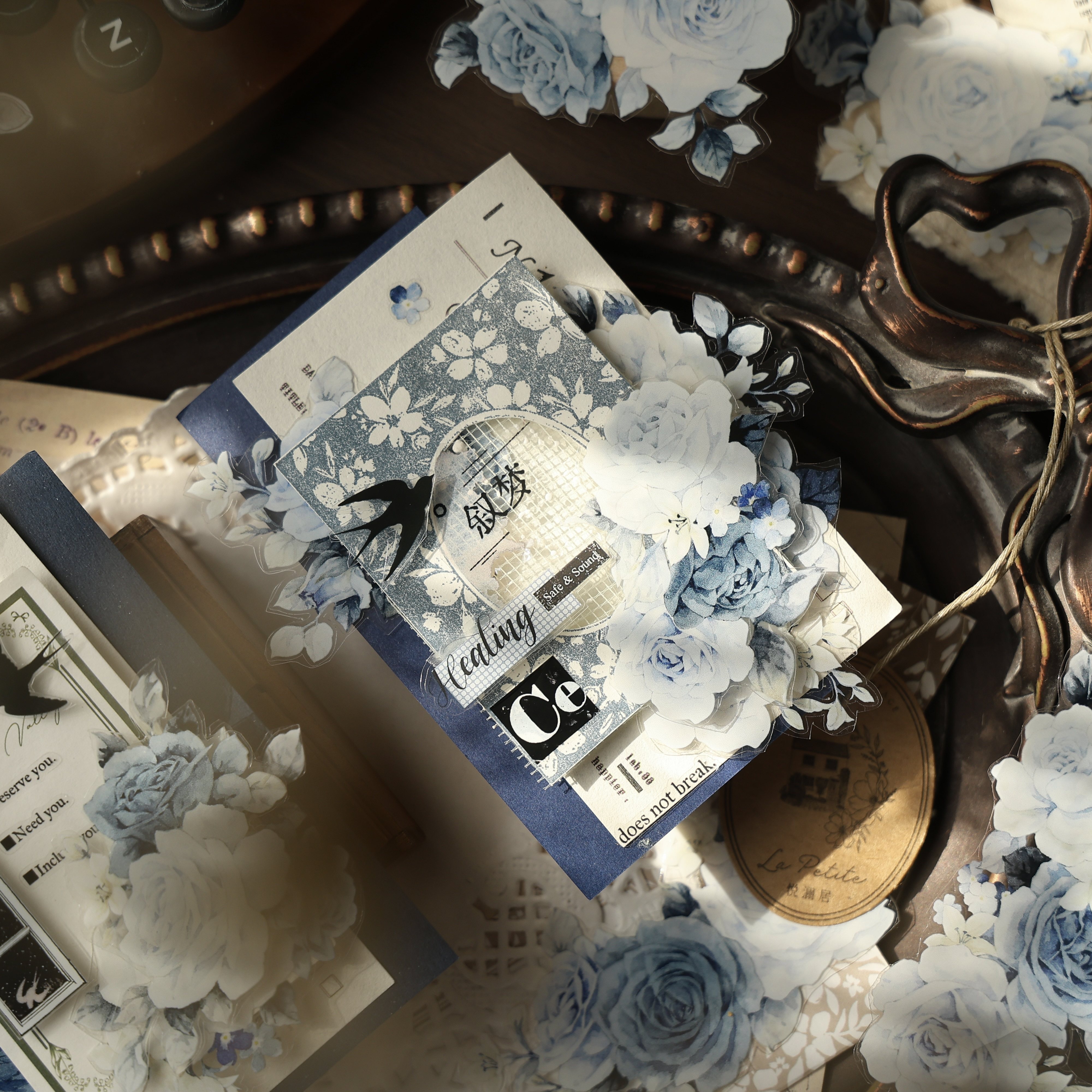 壹洱文创第16期切模【月野玫蓝】轻复古和纸胶带蓝色花卉PET贴纸,淘宝优惠券,粉丝福利购,淘宝优惠卷