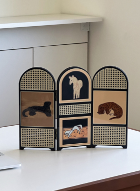 轻奢高级中古风屏风摆件高级感复古客厅玄关装饰品摆设家居装饰画