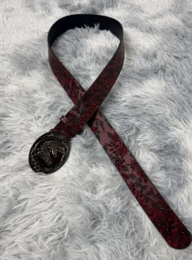 Vanan双马头暗红花纹腰带中古Vintage复古小众血红色雕花质感皮带