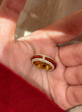 红色串珠仿满钻戒指女轻奢食指戒