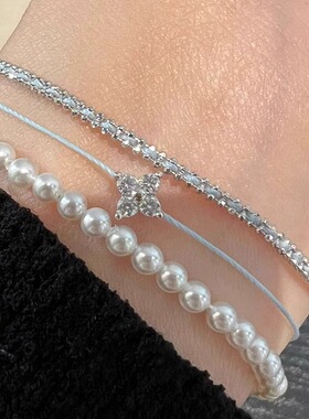 极细水湖蓝绳爆闪四叶草手链女款