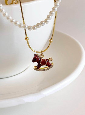 红色小马吊坠项链女小米珠锁骨链
