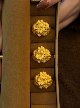 黄色绣球花复古戒指中式繁花指环