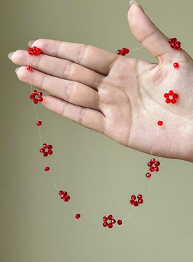 红色多切面串珠花朵项链女锁骨链