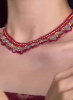 多层红色蕾丝项链女款2026新款