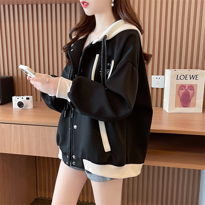 春秋爆款开衫撞色外套女秋冬加绒胖mm大码oversize欧货连帽卫衣潮 - 图0