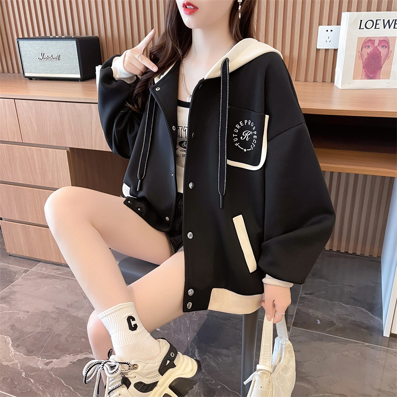 春秋爆款开衫撞色外套女秋冬加绒胖mm大码oversize欧货连帽卫衣潮 - 图2