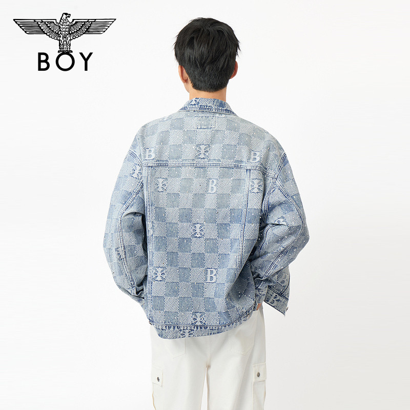 BOYLONDON浅蓝棋盘格字母提花烫钻牛仔外套2026年春季新款N50002,淘宝优惠券,粉丝福利购,淘宝优惠卷