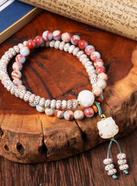 招财猫白玉菩提寿山石长款手链