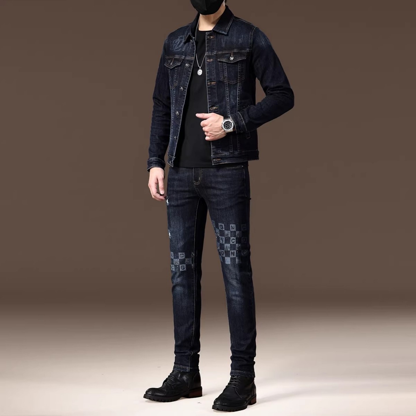 高端印花烫钻牛仔套装男春秋复古上衣夹克修身外套弹力牛仔裤子男,淘宝优惠券,粉丝福利购,淘宝优惠卷