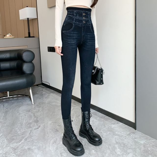 Imitation jeans for women's pocket pants for slimming and elastic small feet pants for large size leggings leggings spring and autumn thin style
