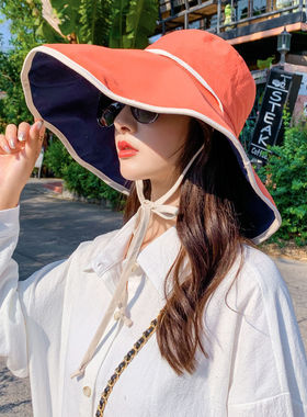 渔夫帽女夏遮脸防紫外线遮阳帽大帽檐适合圆脸双面大沿防晒太阳帽