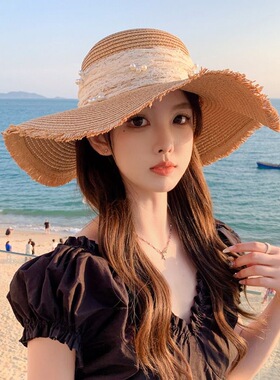 夏季新款帽子女丝带蝴蝶结大檐草帽户外旅游遮阳帽沙滩太阳帽