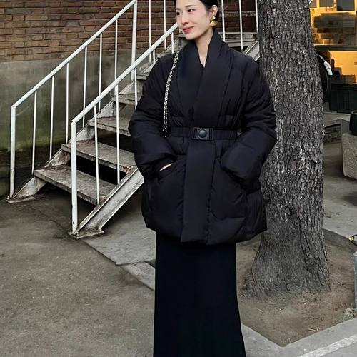 新款韩版系带收腰羽绒外套显瘦白鸭绒保暖羽绒服潮流名媛风 - 图2