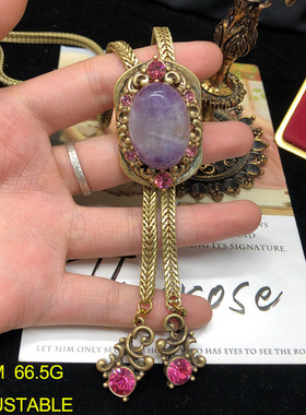 文艺复古风女款潮毛衣链耳钉俄真金天然紫晶镶钻项链耳环套装铜链