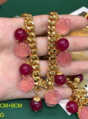 复古时尚女款潮饰品镀真金玫瑰花吊坠设计项链耳环套装毛衣链欧美