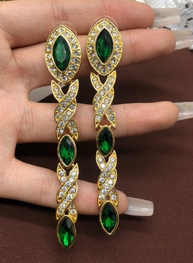 中古西洋风套装祖母绿宝石高奢镶钻长款扫肩耳环颈链气质百搭配饰