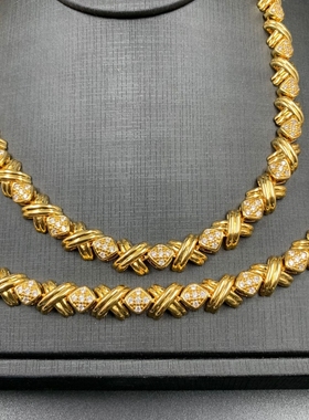 中古vintage西洋复古纯铜高品质电镀真金蜡镶锆石手链项链套装