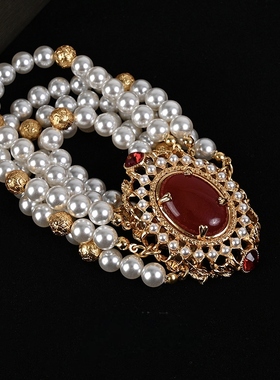 青岛复古宫廷风电镀镶嵌莱茵石珍珠项链多层首饰套装