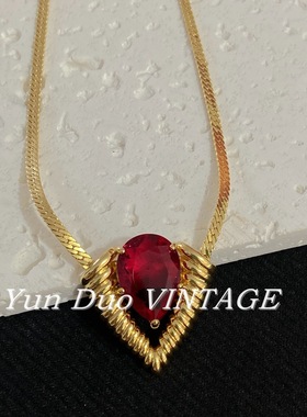 复古高级感古风铜镀真金短款项链耳钉套装爪镶切面红色绿色宝首饰