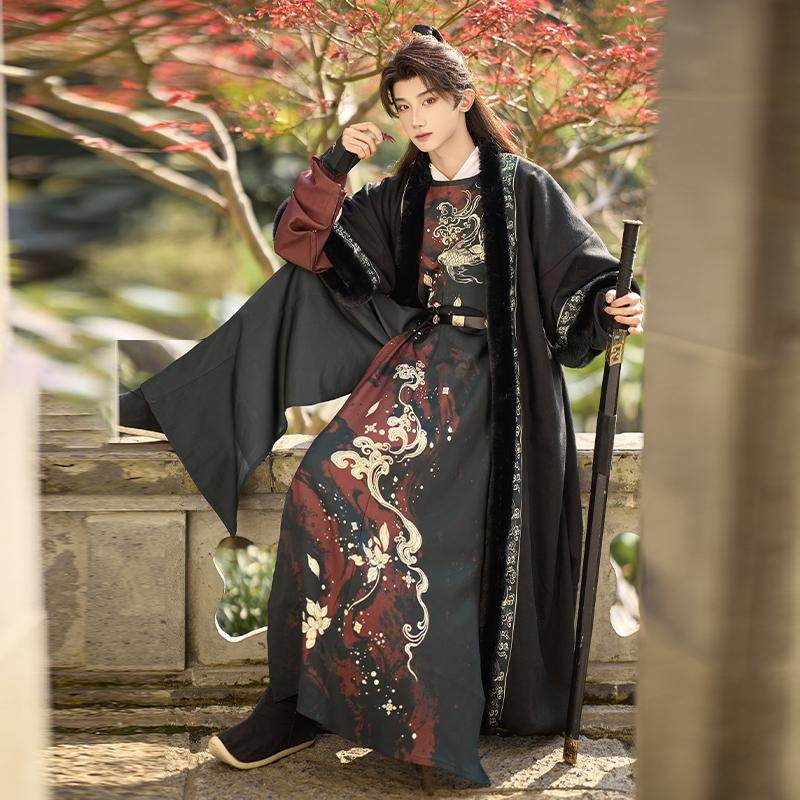 新款原创汉服男女唐圆领金鱼跃大漠胡裘衣大毛领汉服外套秋冬套装_虎窝淘
