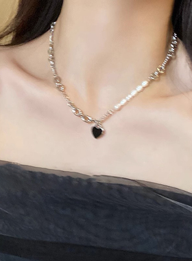伊灿黑色爱心珍珠项链女