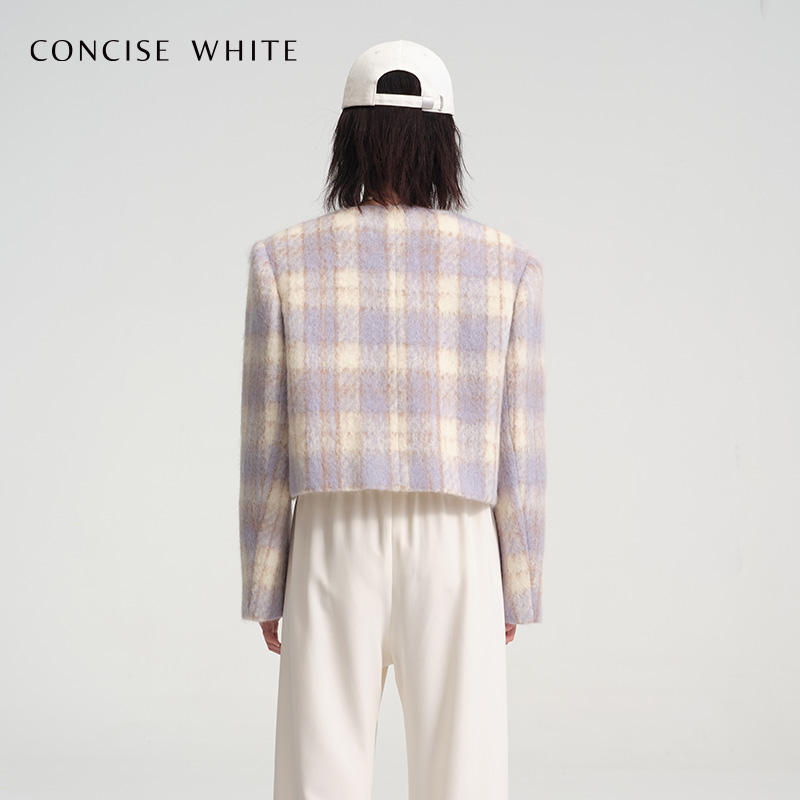 CONCISE-WHITE简白香风格纹马海毛毛呢短外套女秋冬新品设计师