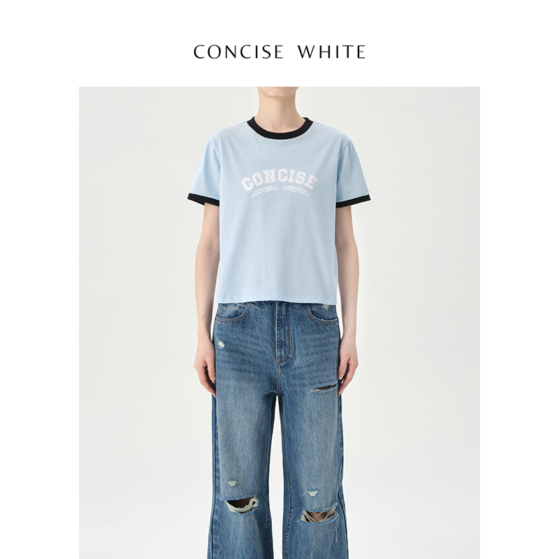 CONCISE-WHITE简白旗舰店 拼色LOGO圆领短袖T恤春夏新品 - 图0