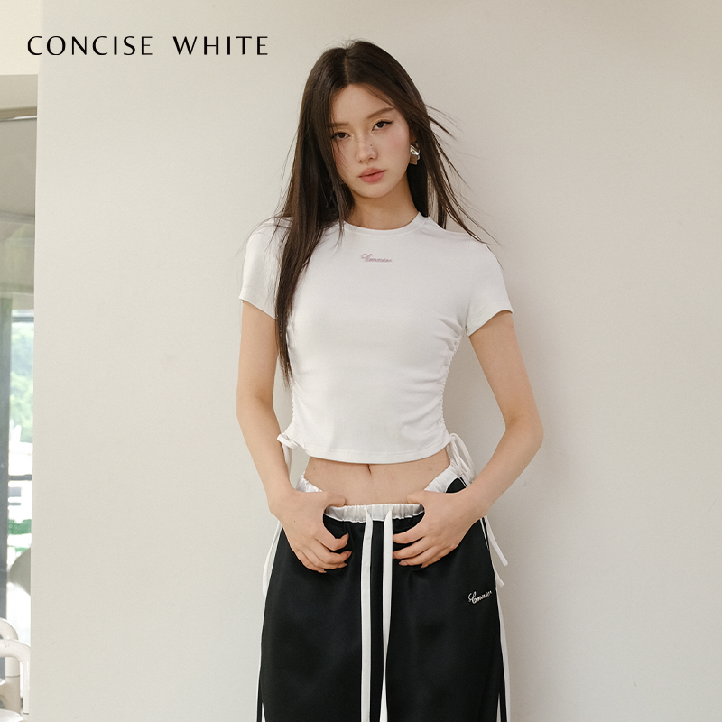 concise-white简白修身抽褶短袖女t恤2023夏季新品设计师品牌 - 图2