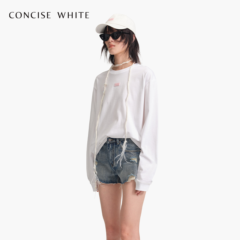 CONCISE-WHITE简白 24春夏新款粉标纯色圆领长袖T恤女设计师品牌 - 图0