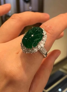 S925银天然玉髓帝王绿貔貅戒指