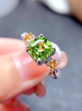 甜美公主方钻橄榄绿锆石开口戒指
