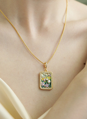 油画新中式吊坠项链女