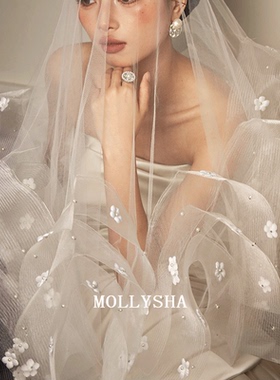 茉夏的纱法式波浪边白色头纱新娘主婚纱高级复古结婚头饰影楼配饰