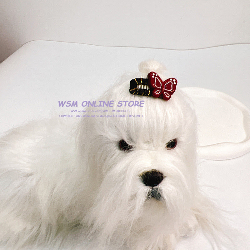 WSM手工 约克夏红色蝴蝶结头饰宠物发夹狗狗发卡马尔济斯卡子夹子 - 图2