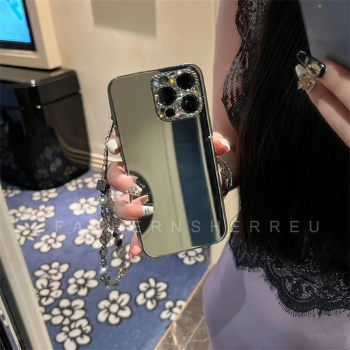 适用苹果16promax手机壳新款2025网红爆款iphone15奢华镜面壳14plus个性补妆镜13/12pro女款带手链ins保护套 - 图0