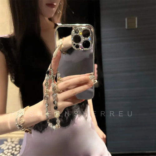 适用苹果16promax手机壳新款2025网红爆款iphone15奢华镜面壳14plus个性补妆镜13/12pro女款带手链ins保护套 - 图2