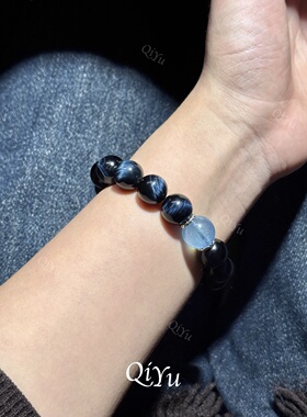 天然银黑曜石海蓝宝手串精致礼盒