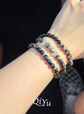 天然银曜石灰月光手串男女款礼物