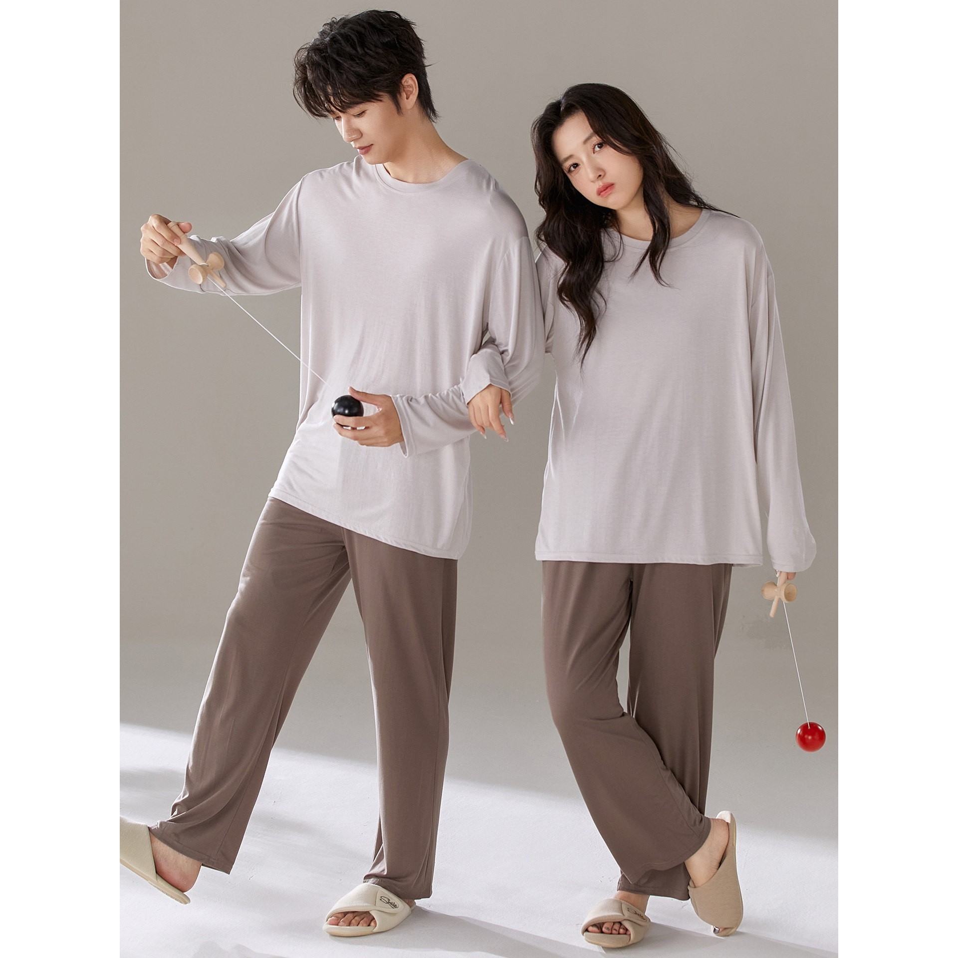 全棉纯棉情侣睡衣女男春秋季莫代尔长袖圆领宽松休闲家居服套装可,淘宝优惠券,粉丝福利购,淘宝优惠卷