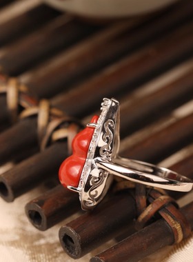 一生安官方旗舰店天然朱砂【纳福戒指】本命年 礼物 葫芦 纯银