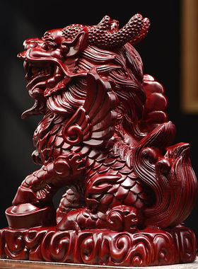 红色麒麟摆件木质家用客厅装饰品实木头雕刻火麒麟工艺品乔迁送礼