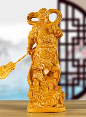 金色实木雕刻关公关帝横刀摆件关爷客厅摆设公司开业珈蓝大帝定制
