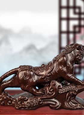 定制黑檀木雕老虎摆件生肖实木质制虎上山虎家居客厅玄关虎啸财来