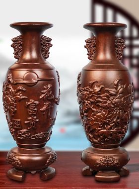 香樟木雕花开富贵花瓶摆件家居电视柜落地装饰工艺品新居乔迁送礼