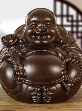 金色实木雕大肚弥勒实木摆件客厅装饰实木质大肚笑佛一团和气定制