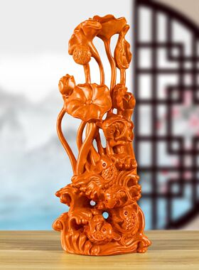 黑檀木雕刻年年有鱼摆件木头雕刻荷花鲤鱼中式客厅送礼工艺品定制