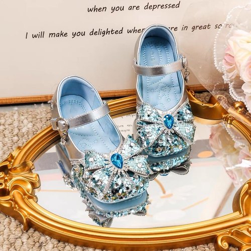 真皮女童鞋子爱莎公主水晶鞋2025春夏新款儿童小皮鞋艾莎蓝色单鞋 - 图0